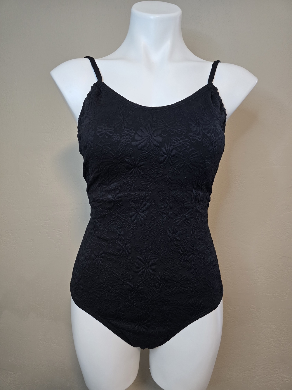 Decree Black Floral Textured One-Piece Swimsuit Medium Cheeky